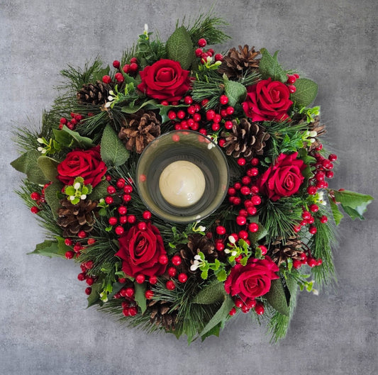 Red Rose & Pinecone Candle Arrangement