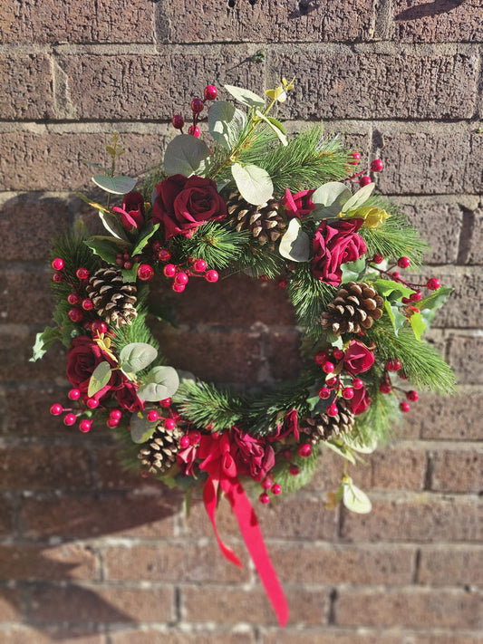 Luxury Red Rose & Evergreen Wreath