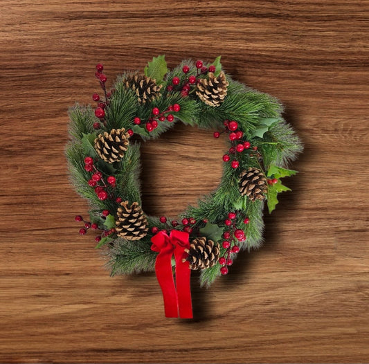 Classic Pine & Berry Christmas Wreath - Red
